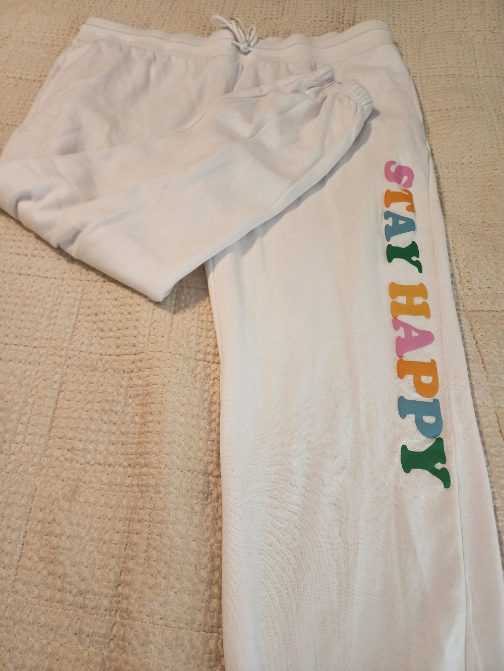 Revolutions33 White Joggers with Colorful "STAY HAPPY" Side Print 2X Athleisure